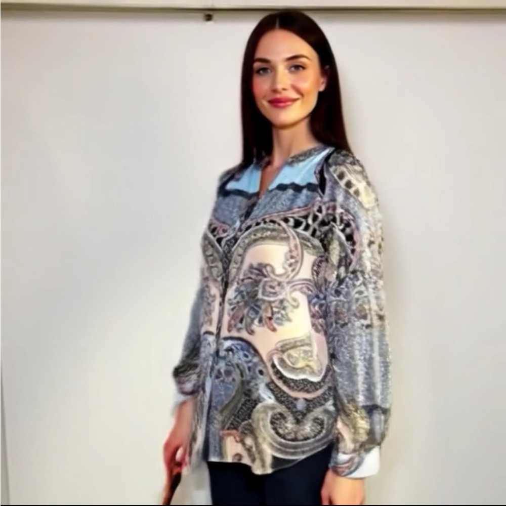 Talbots Pink Blue Paisley Blouse Button Up Size Large